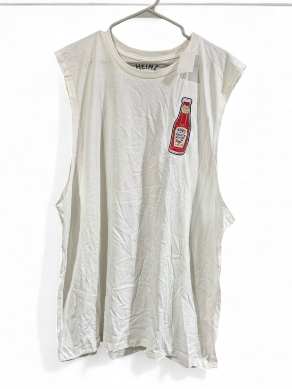 Men's Size XXL White Sleeveless Muscle Tank with Red Ketchup Patch